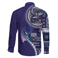 Samoan Siapo Art Tattoo Polynesian Pattern Family Matching Off Shoulder Short Dress and Hawaiian Shirt Navy Color - Polynesian Pride