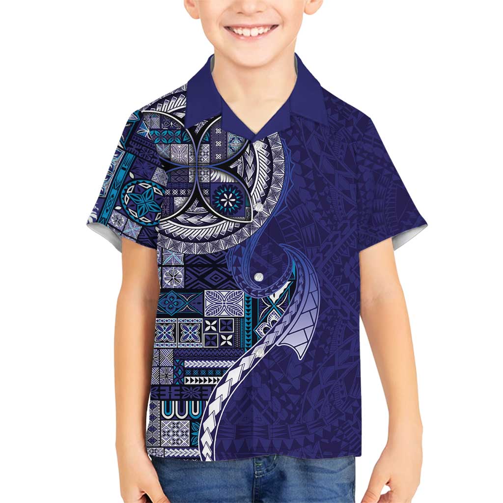 Samoan Siapo Art Tattoo Polynesian Pattern Family Matching Off Shoulder Short Dress and Hawaiian Shirt Navy Color - Polynesian Pride