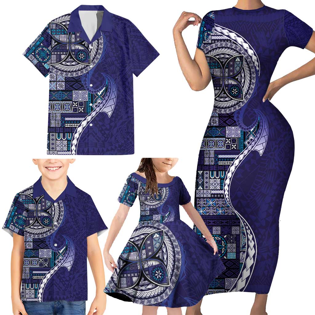 Samoan Siapo Art Tattoo Polynesian Pattern Family Matching Short Sleeve Bodycon Dress and Hawaiian Shirt Navy Color - Polynesian Pride