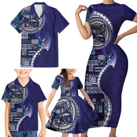 Samoan Siapo Art Tattoo Polynesian Pattern Family Matching Short Sleeve Bodycon Dress and Hawaiian Shirt Navy Color - Polynesian Pride