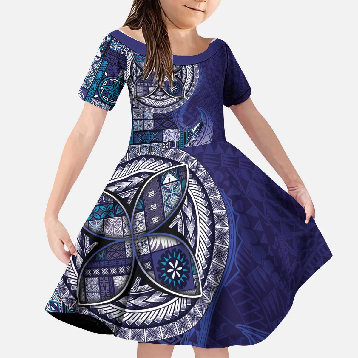 Samoan Siapo Art Tattoo Polynesian Pattern Kid Short Sleeve Dress Navy Color LT03 KID Navy - Polynesian Pride