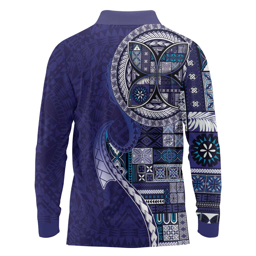 Samoan Siapo Art Tattoo Polynesian Pattern Long Sleeve Polo Shirt Navy Color LT03 - Polynesian Pride