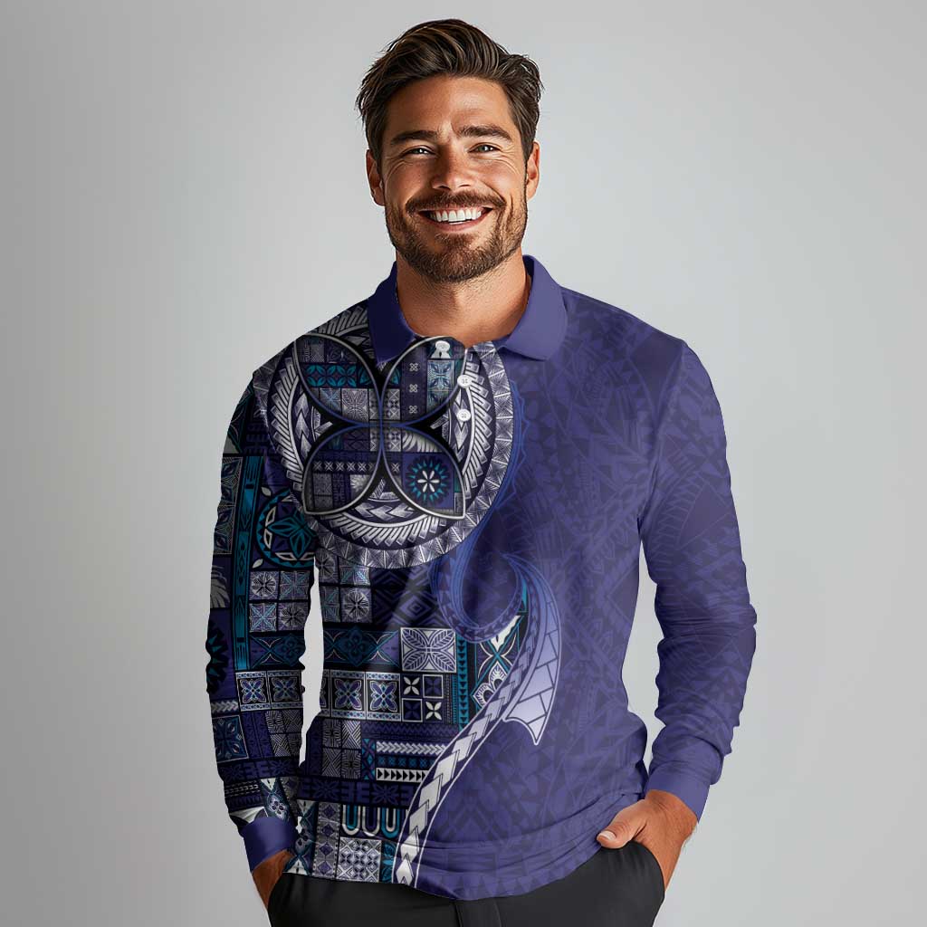 Samoan Siapo Art Tattoo Polynesian Pattern Long Sleeve Polo Shirt Navy Color LT03 - Polynesian Pride
