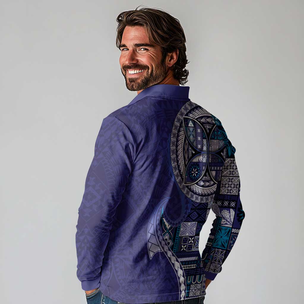 Samoan Siapo Art Tattoo Polynesian Pattern Long Sleeve Polo Shirt Navy Color LT03 - Polynesian Pride