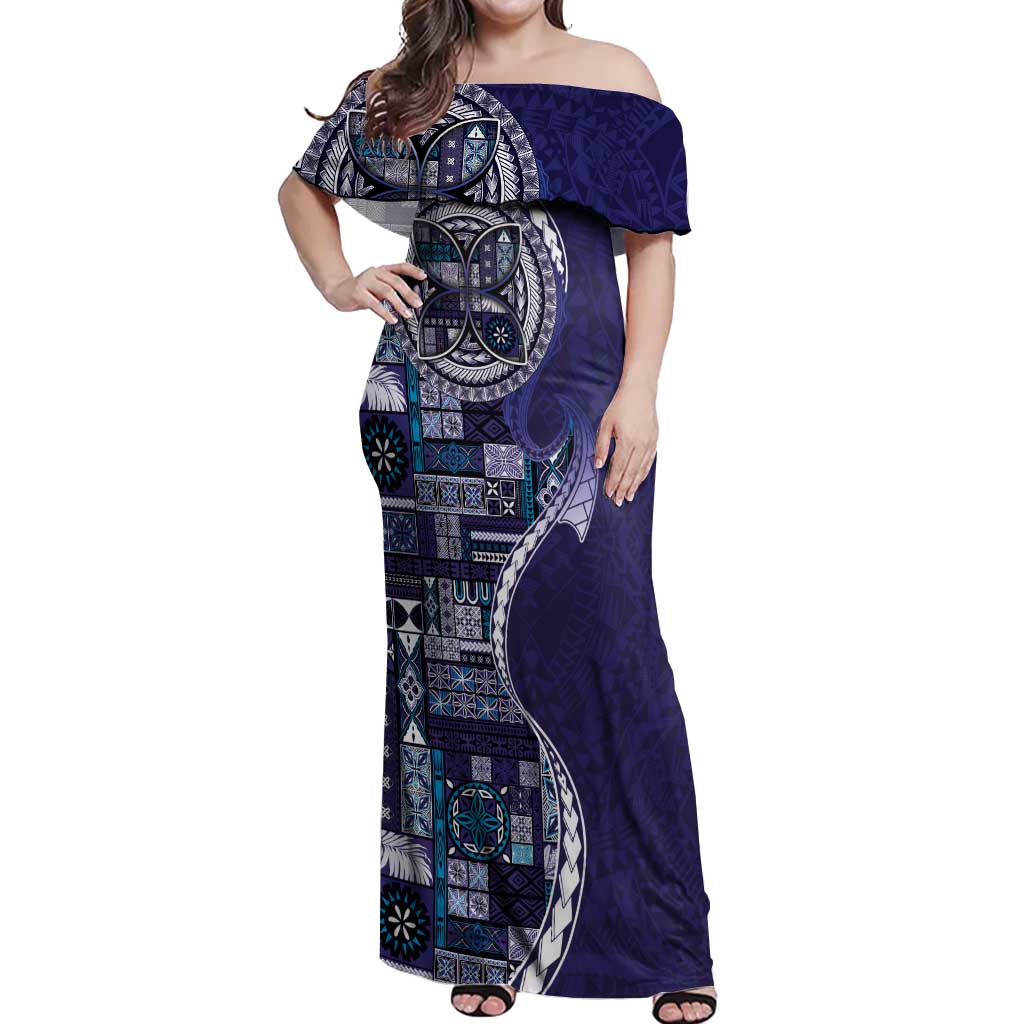 Samoan Siapo Art Tattoo Polynesian Pattern Off Shoulder Maxi Dress Navy Color LT03 Women Navy - Polynesian Pride