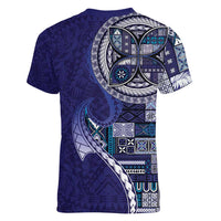 Samoan Siapo Art Tattoo Polynesian Pattern Women V-Neck T-Shirt Navy Color - Polynesian Pride