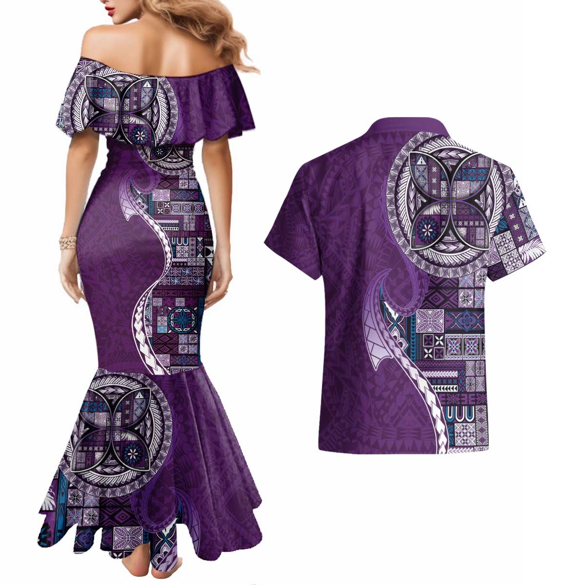 Samoan Siapo Art Tattoo Polynesian Pattern Couples Matching Mermaid Dress and Hawaiian Shirt Purple Color - Polynesian Pride