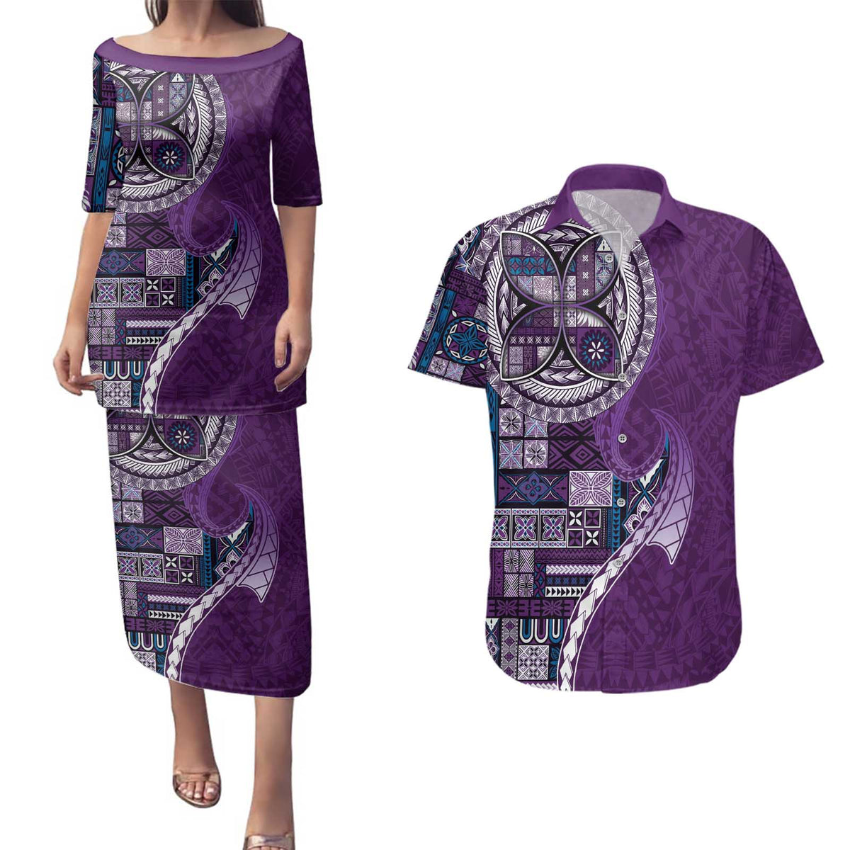 Samoan Siapo Art Tattoo Polynesian Pattern Couples Matching Puletasi and Hawaiian Shirt Purple Color - Polynesian Pride