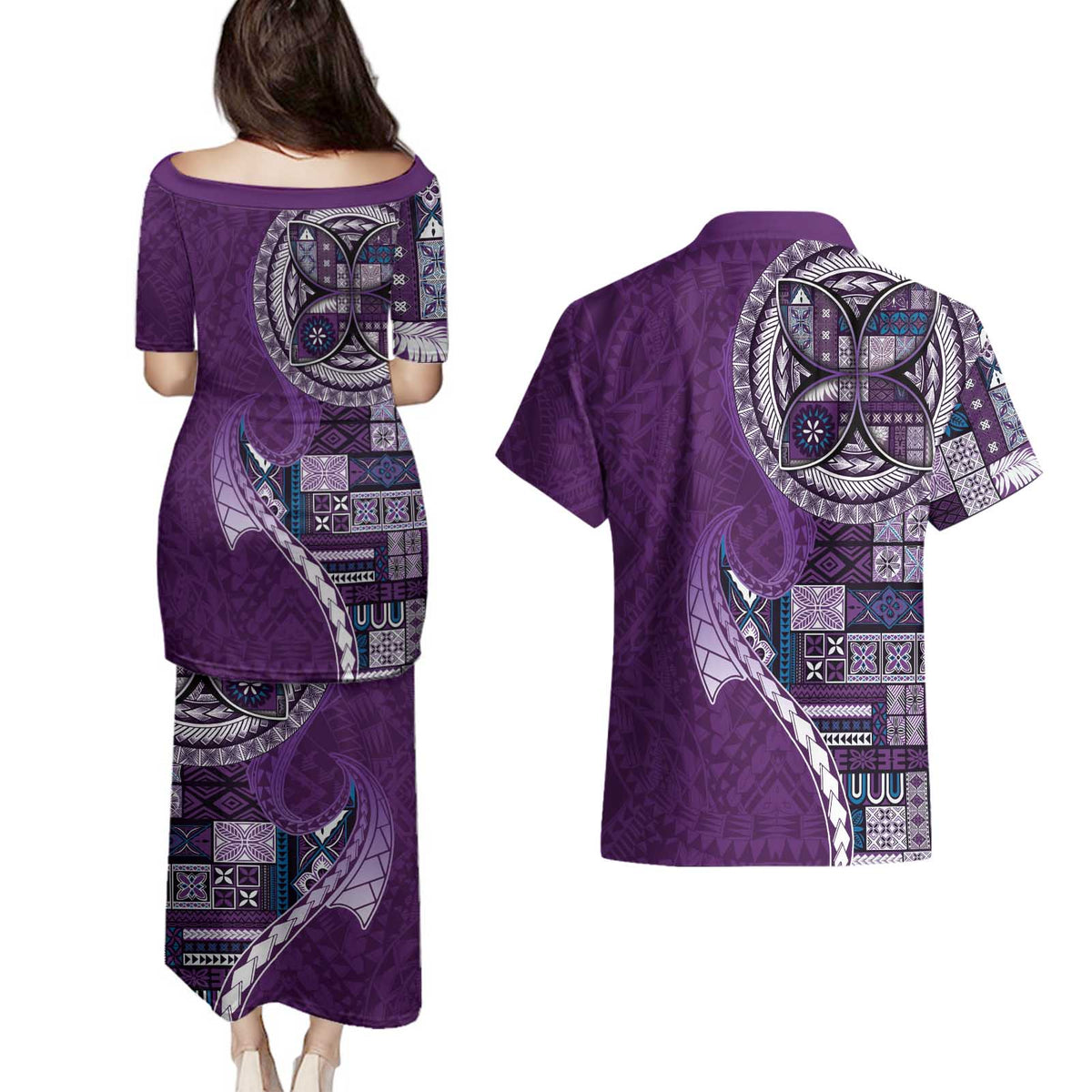 Samoan Siapo Art Tattoo Polynesian Pattern Couples Matching Puletasi and Hawaiian Shirt Purple Color - Polynesian Pride