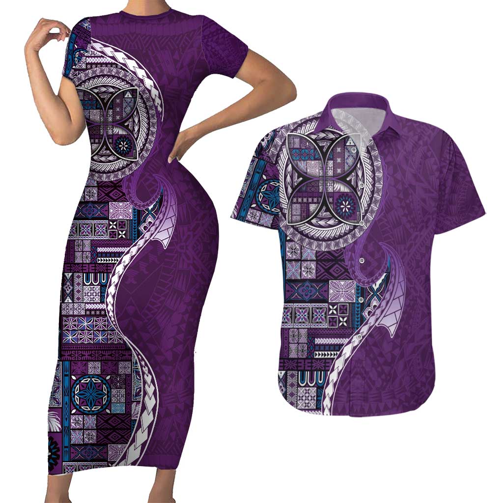 Samoan Siapo Art Tattoo Polynesian Pattern Couples Matching Short Sleeve Bodycon Dress and Hawaiian Shirt Purple Color - Polynesian Pride
