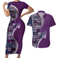 Samoan Siapo Art Tattoo Polynesian Pattern Couples Matching Short Sleeve Bodycon Dress and Hawaiian Shirt Purple Color - Polynesian Pride