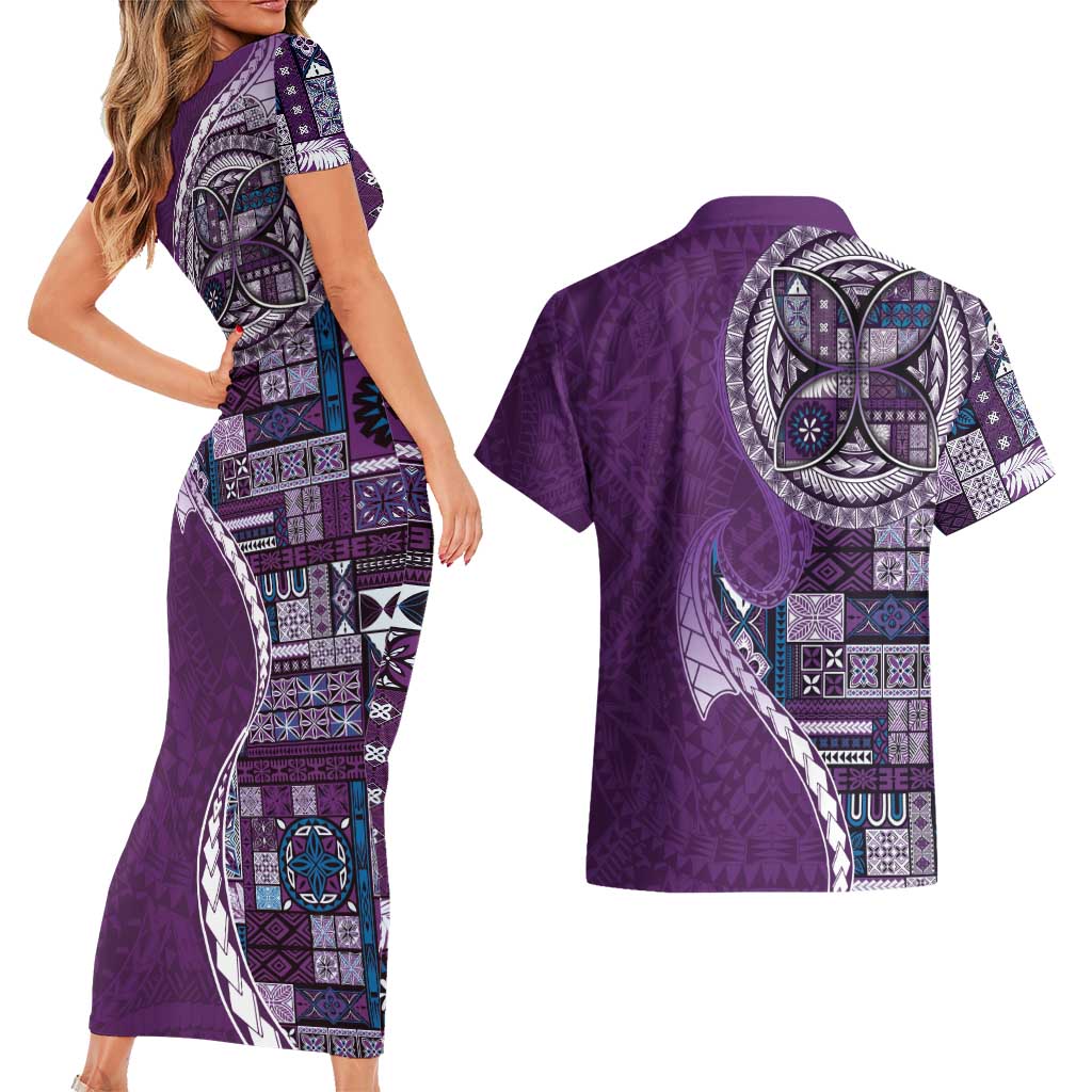 Samoan Siapo Art Tattoo Polynesian Pattern Couples Matching Short Sleeve Bodycon Dress and Hawaiian Shirt Purple Color - Polynesian Pride