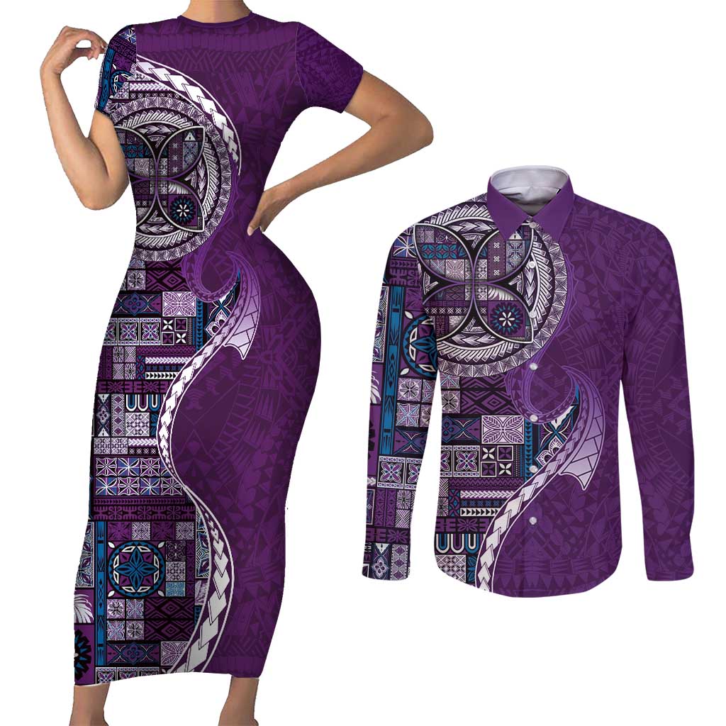 Samoan Siapo Art Tattoo Polynesian Pattern Couples Matching Short Sleeve Bodycon Dress and Long Sleeve Button Shirt Purple Color - Polynesian Pride
