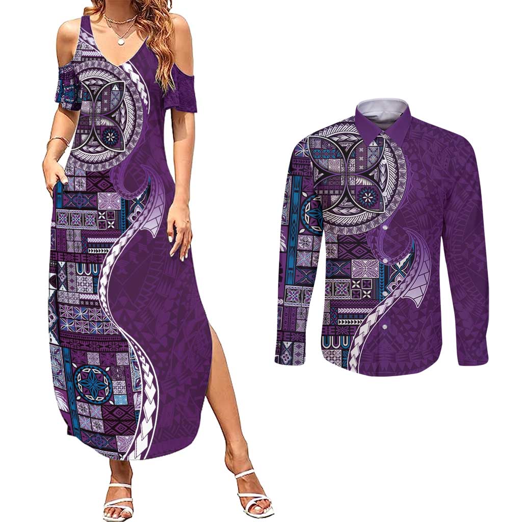 Samoan Siapo Art Tattoo Polynesian Pattern Couples Matching Summer Maxi Dress and Long Sleeve Button Shirt Purple Color - Polynesian Pride