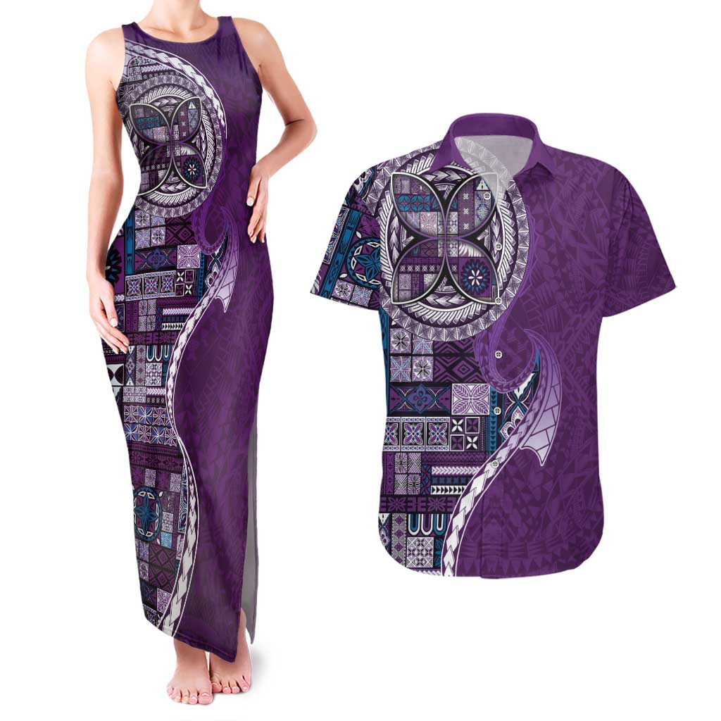 Samoan Siapo Art Tattoo Polynesian Pattern Couples Matching Tank Maxi Dress and Hawaiian Shirt Purple Color - Polynesian Pride