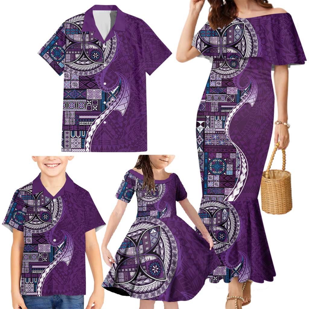 Samoan Siapo Art Tattoo Polynesian Pattern Family Matching Mermaid Dress and Hawaiian Shirt Purple Color - Polynesian Pride