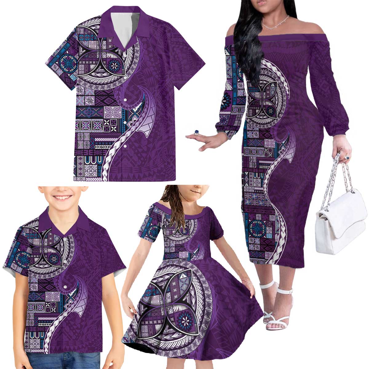 Samoan Siapo Art Tattoo Polynesian Pattern Family Matching Off The Shoulder Long Sleeve Dress and Hawaiian Shirt Purple Color - Polynesian Pride