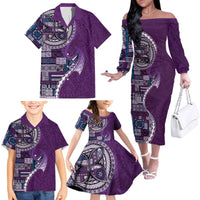 Samoan Siapo Art Tattoo Polynesian Pattern Family Matching Off The Shoulder Long Sleeve Dress and Hawaiian Shirt Purple Color - Polynesian Pride