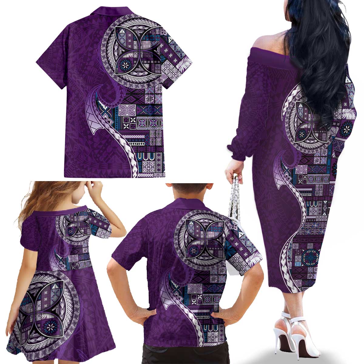 Samoan Siapo Art Tattoo Polynesian Pattern Family Matching Off The Shoulder Long Sleeve Dress and Hawaiian Shirt Purple Color - Polynesian Pride