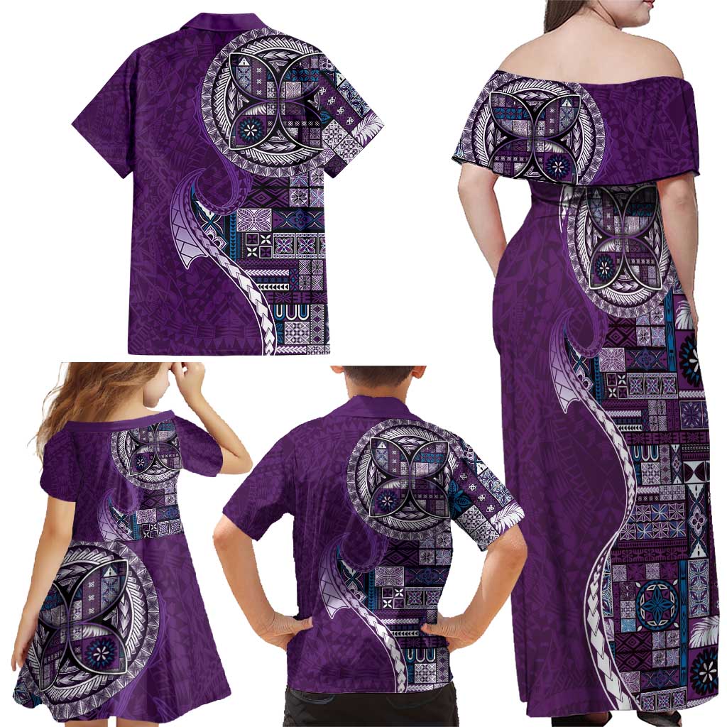 Samoan Siapo Art Tattoo Polynesian Pattern Family Matching Off Shoulder Maxi Dress and Hawaiian Shirt Purple Color - Polynesian Pride
