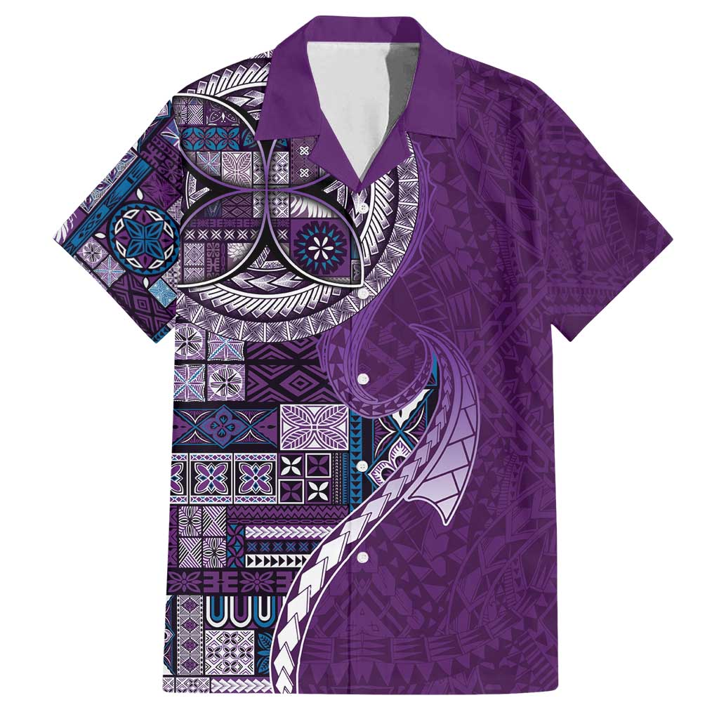Samoan Siapo Art Tattoo Polynesian Pattern Family Matching Off Shoulder Short Dress and Hawaiian Shirt Purple Color - Polynesian Pride