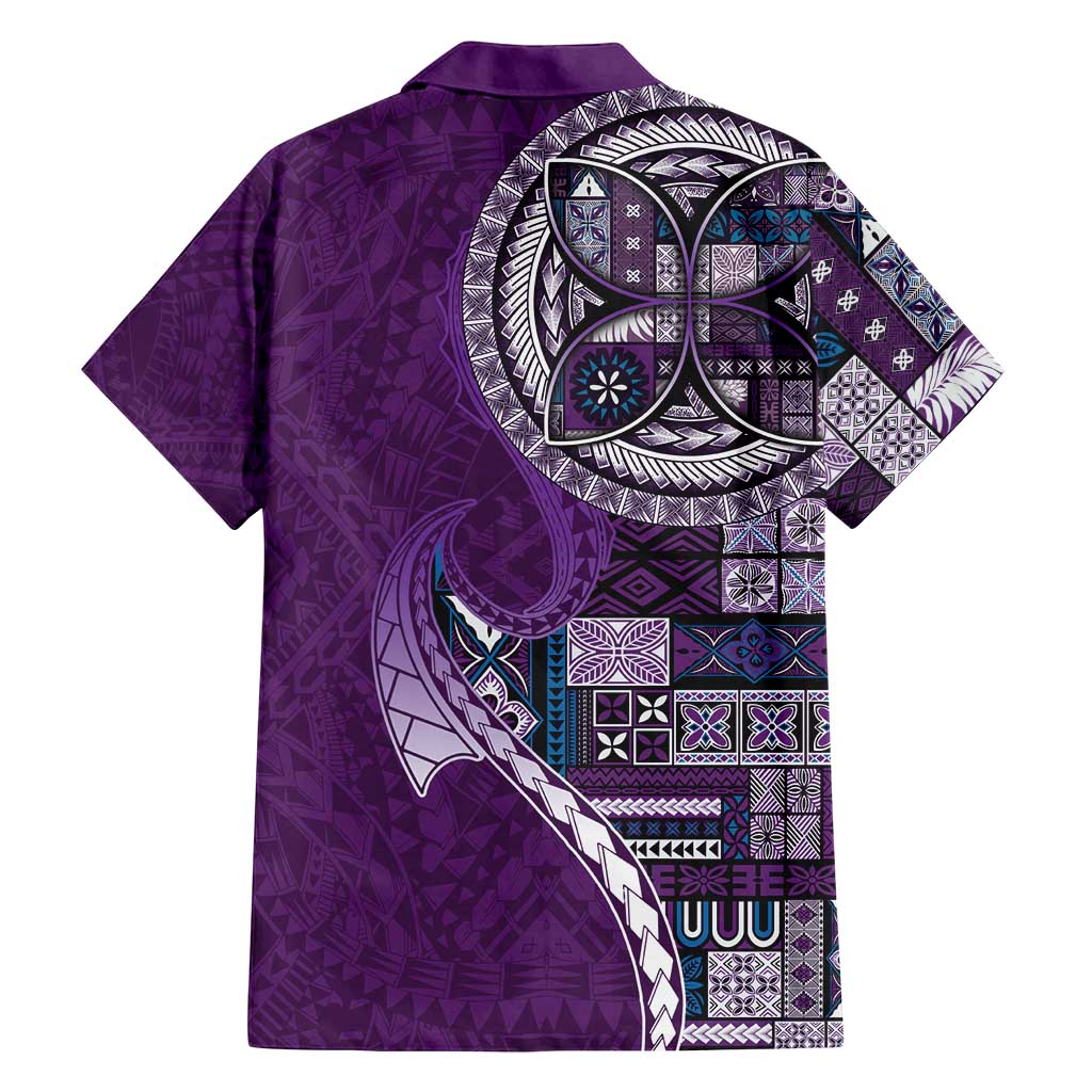 Samoan Siapo Art Tattoo Polynesian Pattern Family Matching Off Shoulder Short Dress and Hawaiian Shirt Purple Color - Polynesian Pride