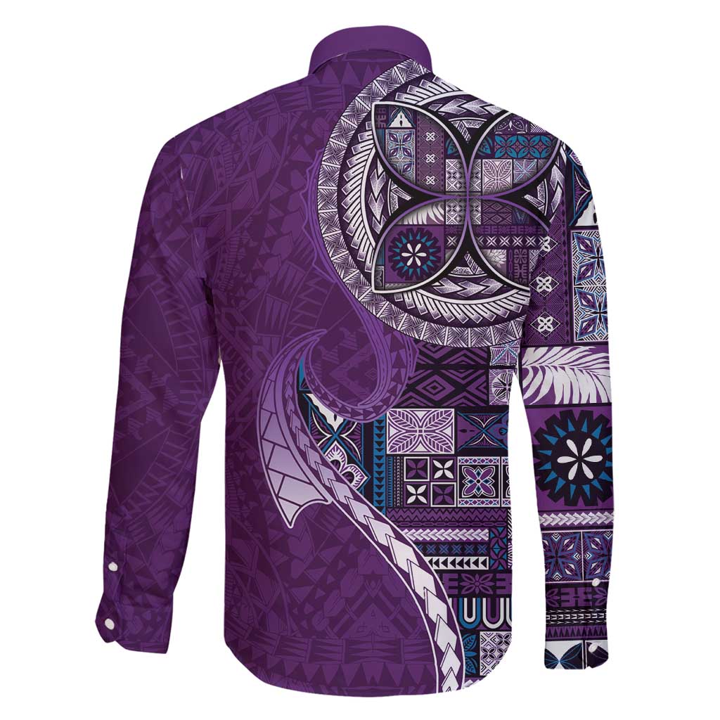 Samoan Siapo Art Tattoo Polynesian Pattern Family Matching Off Shoulder Short Dress and Hawaiian Shirt Purple Color - Polynesian Pride
