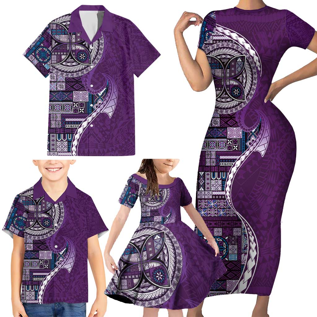 Samoan Siapo Art Tattoo Polynesian Pattern Family Matching Short Sleeve Bodycon Dress and Hawaiian Shirt Purple Color - Polynesian Pride