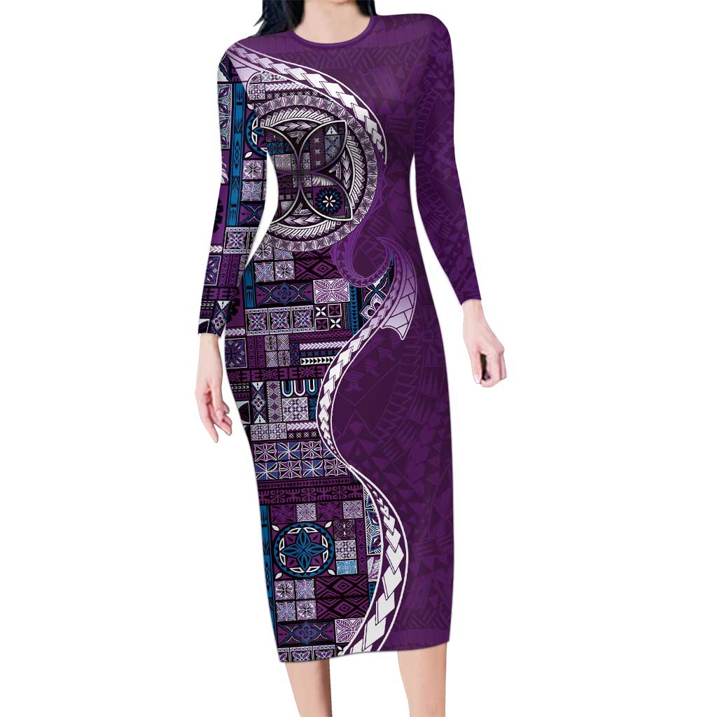 Samoan Siapo Art Tattoo Polynesian Pattern Long Sleeve Bodycon Dress Purple Color - Polynesian Pride