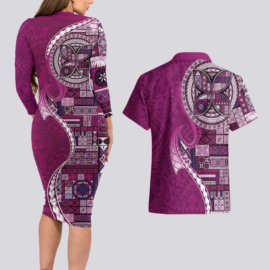 Samoan Siapo Art Tattoo Polynesian Pattern Couples Matching Long Sleeve Bodycon Dress and Hawaiian Shirt Pink Color - Polynesian Pride