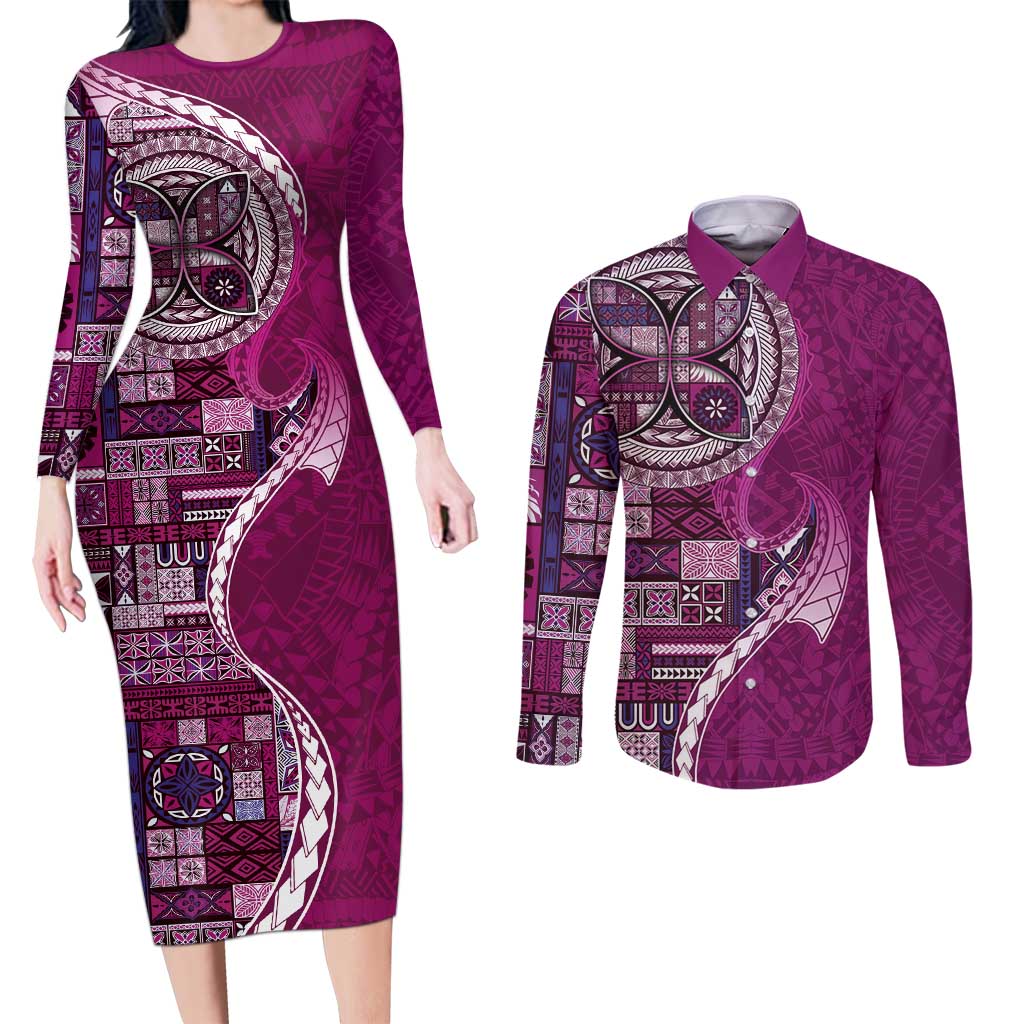 Samoan Siapo Art Tattoo Polynesian Pattern Couples Matching Long Sleeve Bodycon Dress and Long Sleeve Button Shirt Pink Color - Polynesian Pride