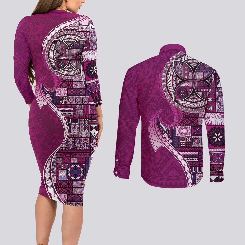 Samoan Siapo Art Tattoo Polynesian Pattern Couples Matching Long Sleeve Bodycon Dress and Long Sleeve Button Shirt Pink Color - Polynesian Pride