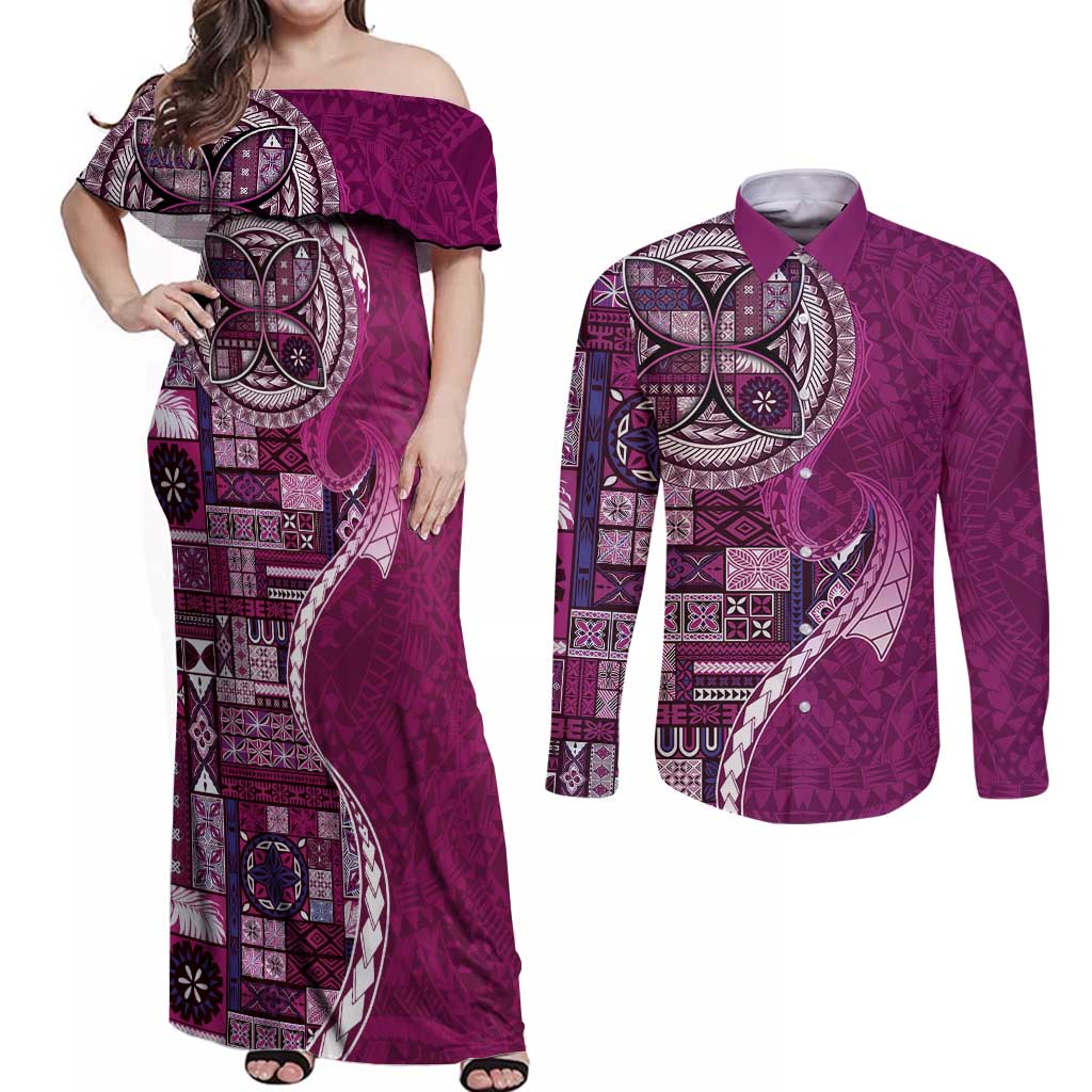 Samoan Siapo Art Tattoo Polynesian Pattern Couples Matching Off Shoulder Maxi Dress and Long Sleeve Button Shirt Pink Color - Polynesian Pride