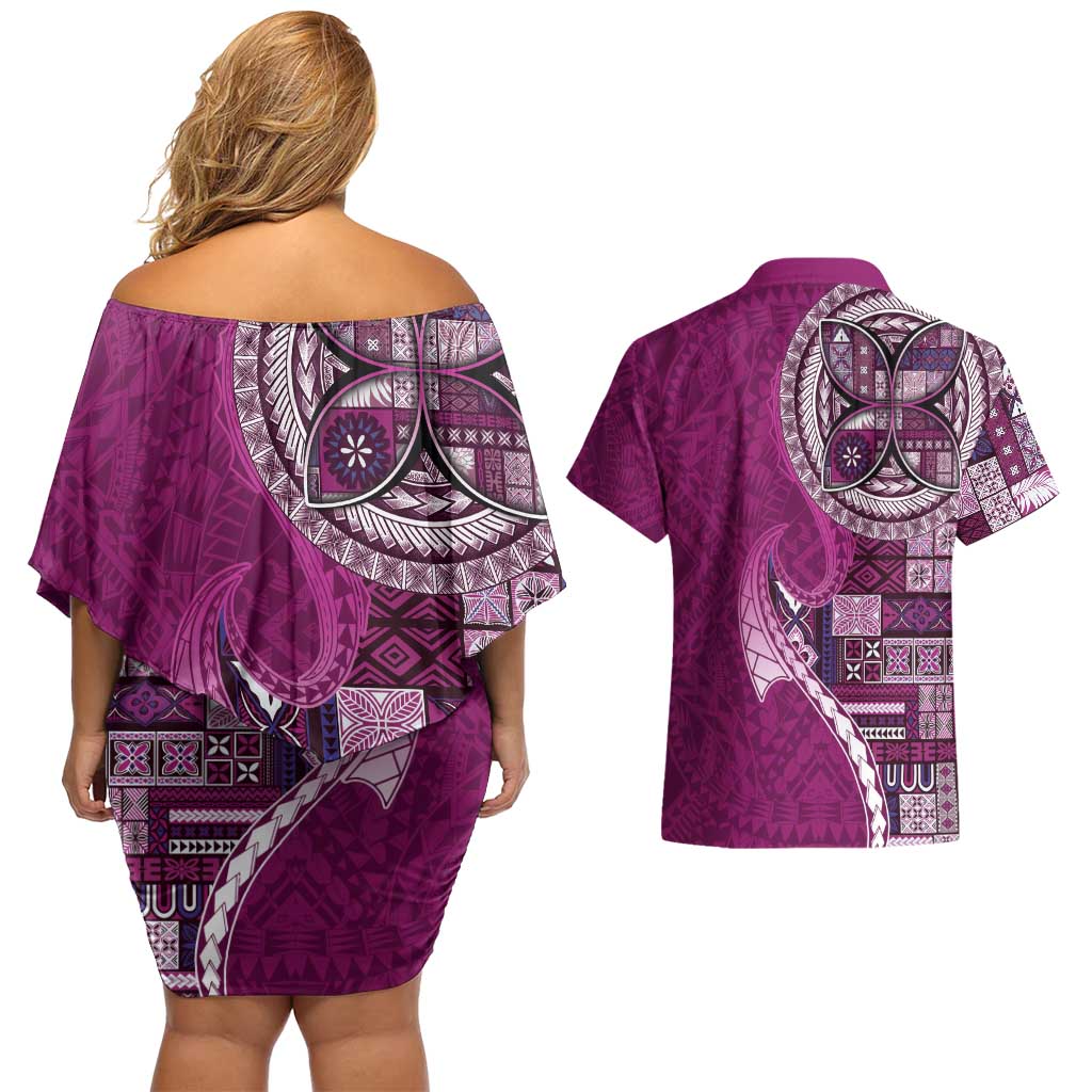 Samoan Siapo Art Tattoo Polynesian Pattern Couples Matching Off Shoulder Short Dress and Hawaiian Shirt Pink Color - Polynesian Pride