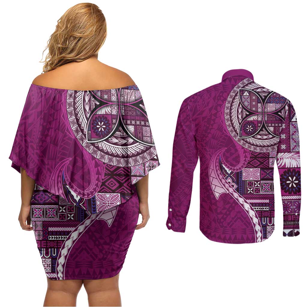 Samoan Siapo Art Tattoo Polynesian Pattern Couples Matching Off Shoulder Short Dress and Long Sleeve Button Shirt Pink Color - Polynesian Pride