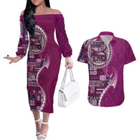 Samoan Siapo Art Tattoo Polynesian Pattern Couples Matching Off The Shoulder Long Sleeve Dress and Hawaiian Shirt Pink Color - Polynesian Pride