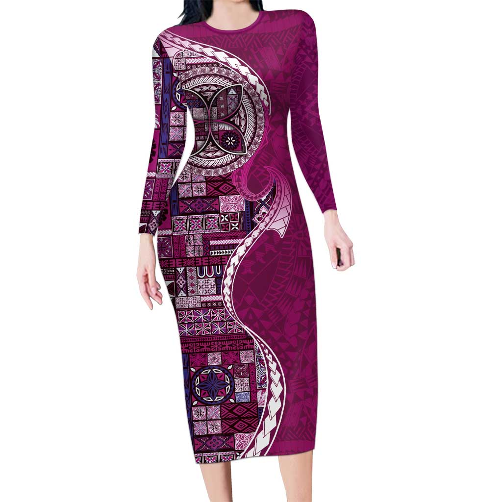 Samoan Siapo Art Tattoo Polynesian Pattern Family Matching Long Sleeve Bodycon Dress and Hawaiian Shirt Pink Color - Polynesian Pride