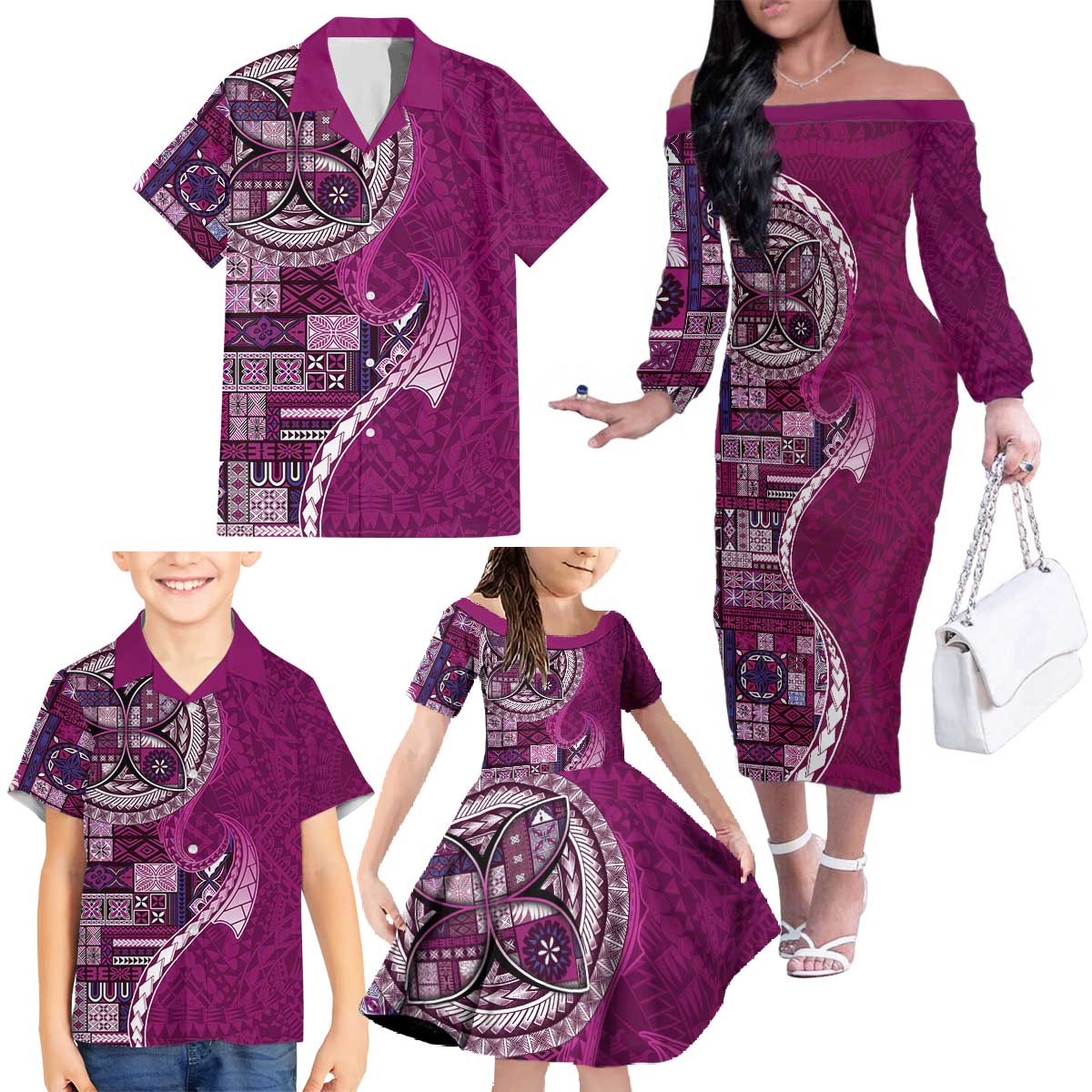 Samoan Siapo Art Tattoo Polynesian Pattern Family Matching Off The Shoulder Long Sleeve Dress and Hawaiian Shirt Pink Color - Polynesian Pride
