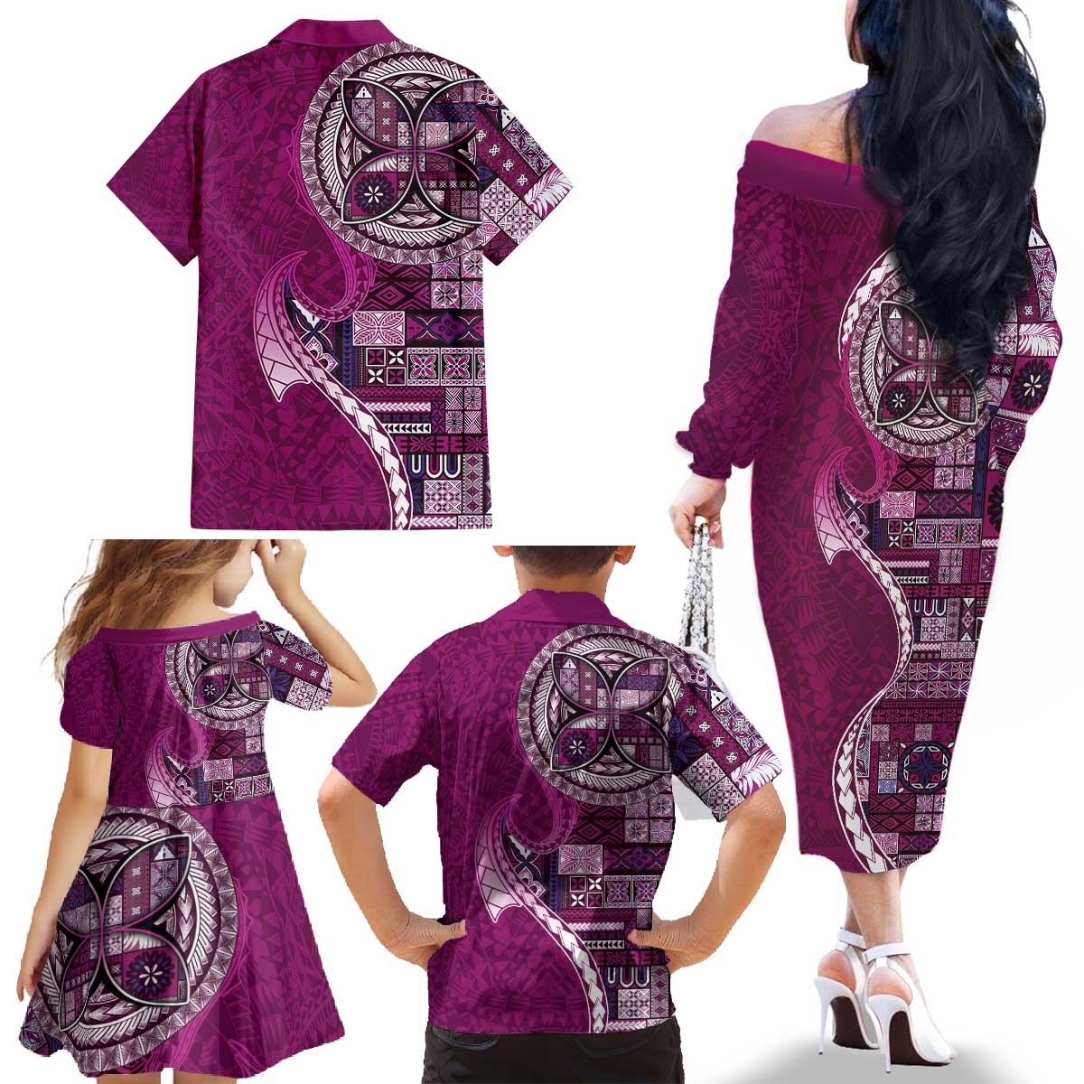 Samoan Siapo Art Tattoo Polynesian Pattern Family Matching Off The Shoulder Long Sleeve Dress and Hawaiian Shirt Pink Color - Polynesian Pride