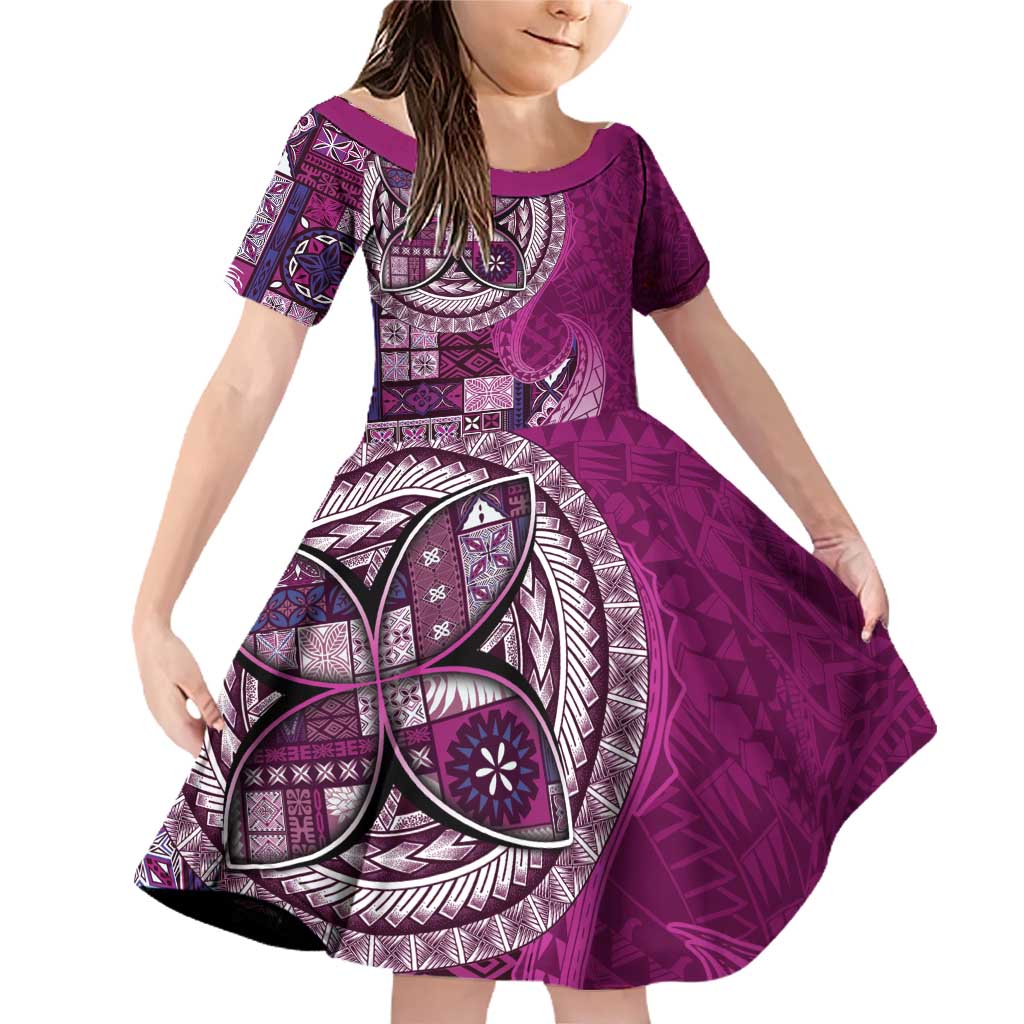 Samoan Siapo Art Tattoo Polynesian Pattern Family Matching Off Shoulder Short Dress and Hawaiian Shirt Pink Color - Polynesian Pride