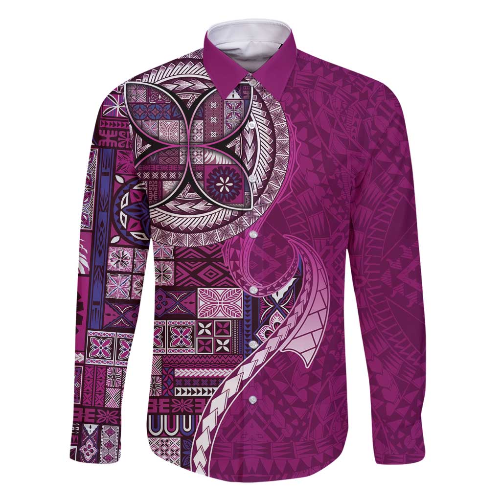 Samoan Siapo Art Tattoo Polynesian Pattern Family Matching Off Shoulder Short Dress and Hawaiian Shirt Pink Color - Polynesian Pride