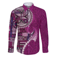 Samoan Siapo Art Tattoo Polynesian Pattern Family Matching Off Shoulder Short Dress and Hawaiian Shirt Pink Color - Polynesian Pride