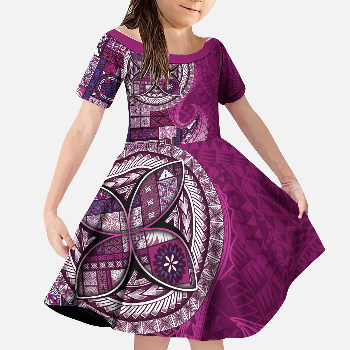 Samoan Siapo Art Tattoo Polynesian Pattern Kid Short Sleeve Dress Pink Color - Polynesian Pride