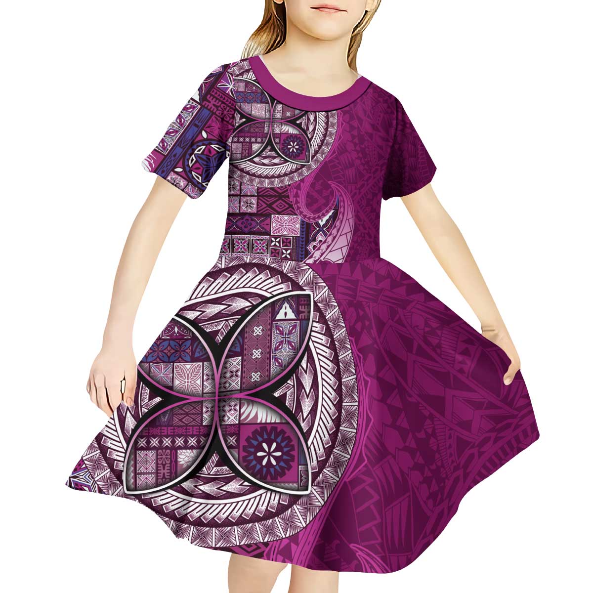 Samoan Siapo Art Tattoo Polynesian Pattern Kid Short Sleeve Dress Pink Color - Polynesian Pride