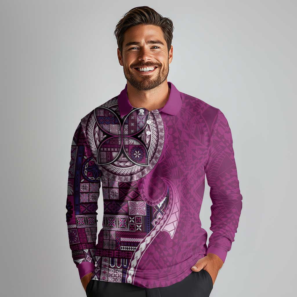 Samoan Siapo Art Tattoo Polynesian Pattern Long Sleeve Polo Shirt Pink Color LT03 - Polynesian Pride