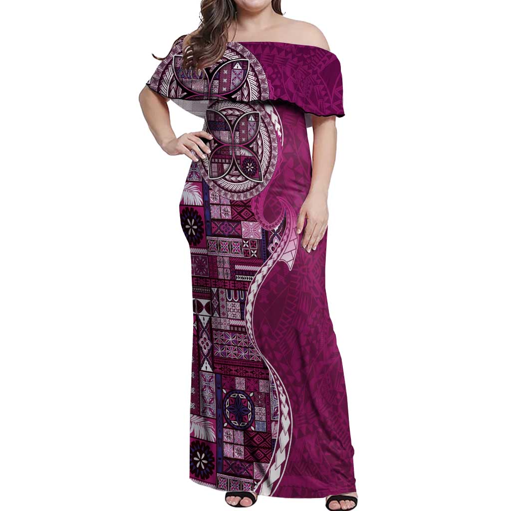 Samoan Siapo Art Tattoo Polynesian Pattern Off Shoulder Maxi Dress Pink Color - Polynesian Pride