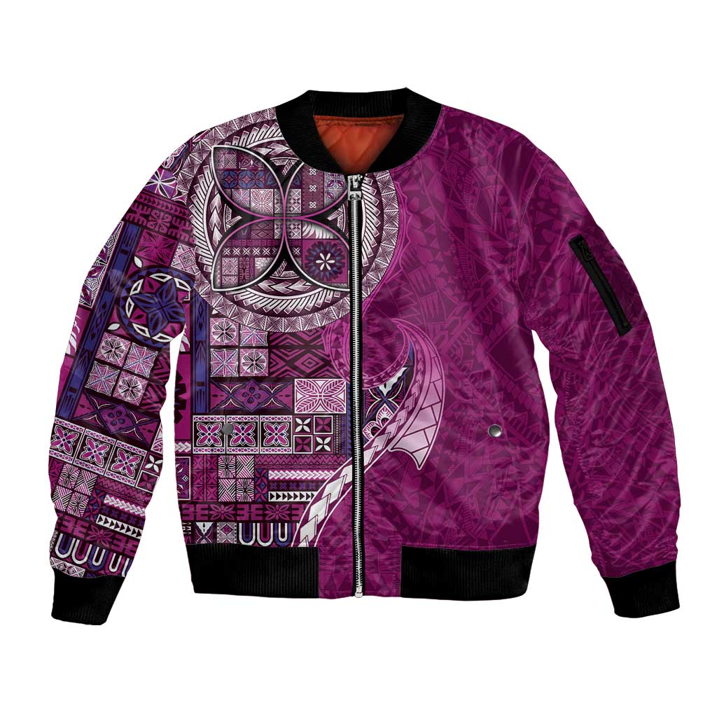Samoan Siapo Art Tattoo Polynesian Pattern Sleeve Zip Bomber Jacket Pink Color - Polynesian Pride