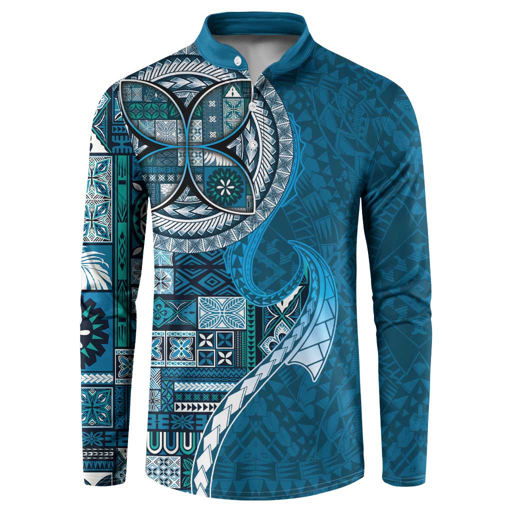 Samoan Siapo Art Tattoo Polynesian Pattern Button Sweatshirt Teal Color - Polynesian Pride