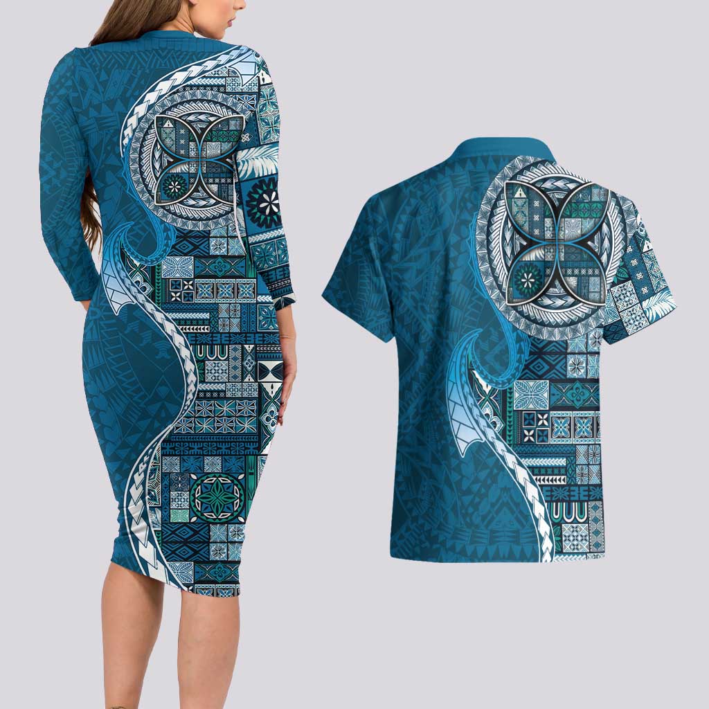 Samoan Siapo Art Tattoo Polynesian Pattern Couples Matching Long Sleeve Bodycon Dress and Hawaiian Shirt Teal Color - Polynesian Pride