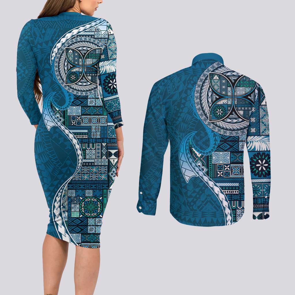Samoan Siapo Art Tattoo Polynesian Pattern Couples Matching Long Sleeve Bodycon Dress and Long Sleeve Button Shirt Teal Color - Polynesian Pride